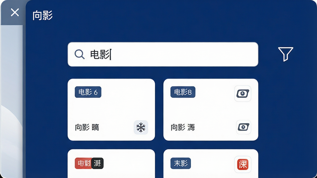 画面主体为“向影”软件界面特写,屏幕中央是一个搜索框,框内显示关键词“电影”,搜索框下方弹出多条结果卡片,每张卡片带有清晰度标签与来源图标,界面右侧有一个漏斗形状的筛选图标,整体布局简洁有序,风格为现代化扁平设计,配色以深蓝与白色为主,画质干净清晰,无杂乱元素