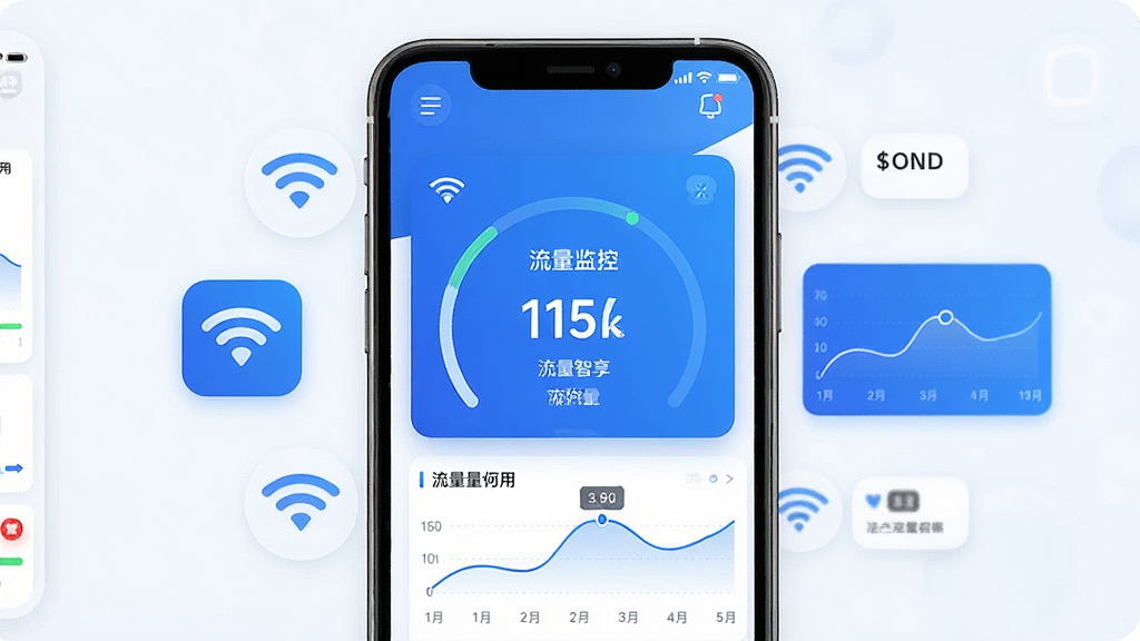 一张展示全能智享流量软件主界面的手机屏幕效果图,画面中央是简洁现代的流量监控仪表盘,周围环绕着WiFi信号图标和流量使用曲线图,整体采用蓝白配色,风格清爽科技感十足,细节清晰,画质干净,无多余元素