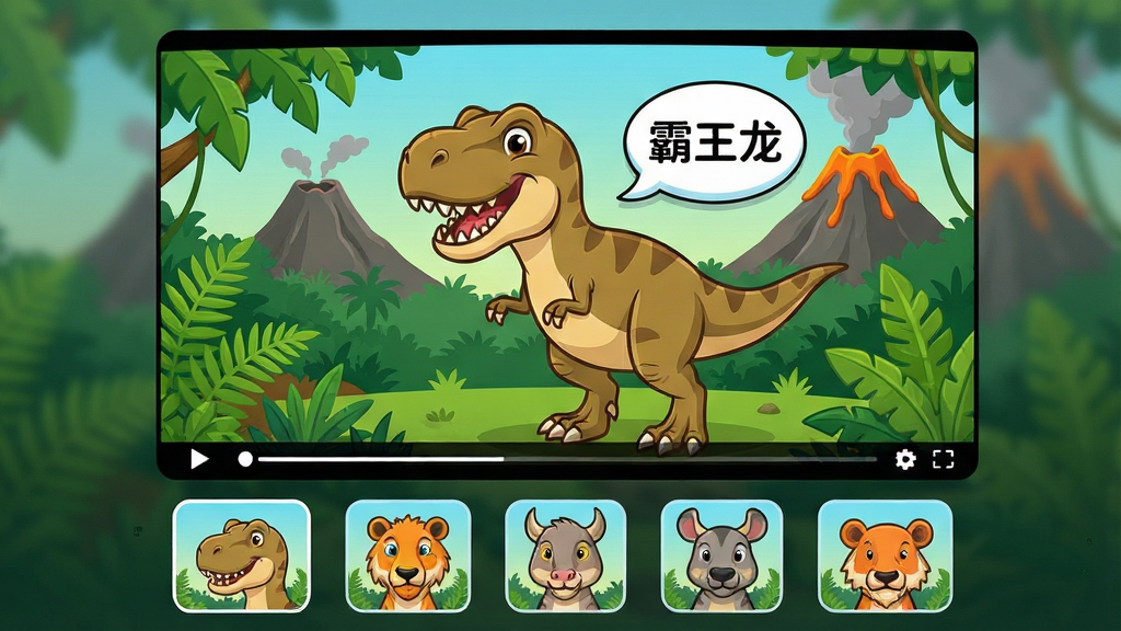 一张卡通风格的动物科普动画播放界面示意图,画面主体为横屏视频播放器,屏幕内显示一只卡通霸王龙站在丛林中,旁边有气泡对话框写着“霸王龙”三个字,播放器下方排列着多个动物头像缩略图,布局为上下结构,风格为明亮卡通插画,细节上丛林背景有蕨类植物和火山剪影,画质清晰干净、无多余元素