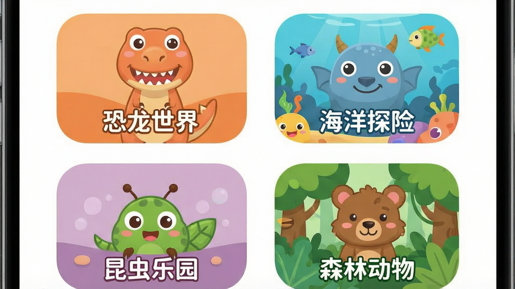 一张展示儿童应用主题分区界面的示意图,画面为竖屏手机界面,屏幕上排列着四个大尺寸卡通入口图标,分别标注“恐龙世界”“海洋探险”“昆虫乐园”“森林动物”,图标风格统一为圆角矩形加卡通动物形象,布局为两行两列网格,风格为清新卡通扁平化,细节上每个图标背景色不同但色调柔和统一,画质清晰干净、无多余装饰