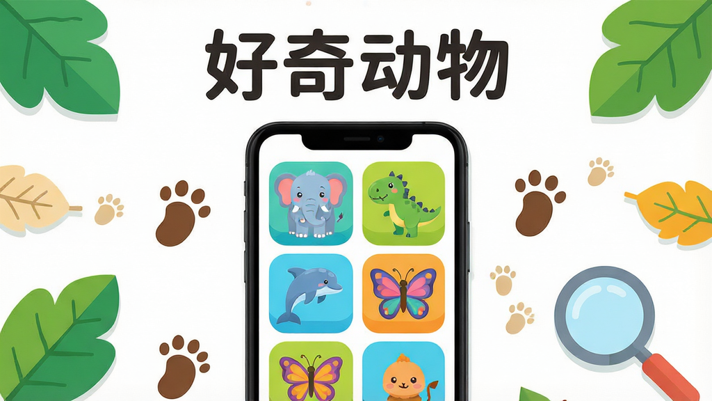 一张儿童科普类手机应用主界面展示图,画面中央放置一部竖屏智能手机,屏幕内显示色彩明快的动物卡通图标网格布局,包含大象、恐龙、海豚、蝴蝶等动物形象,手机周围散落着卡通风格的树叶、脚印和放大镜元素,整体布局为居中构图,上方留白处用圆润字体写出“好奇动物”四个字,风格为扁平化卡通插画,细节上动物形象圆润可爱、色彩饱和度高,画质清晰干净、无多余杂乱元素