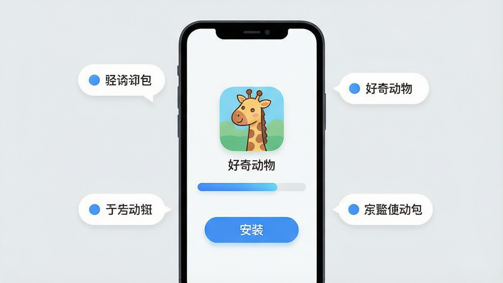 一张展示手机安装应用过程的示意图,画面为竖屏手机界面,屏幕中央显示一个安装进度条和“好奇动物”应用图标,图标为卡通长颈鹿形象,下方有“安装”按钮,周围有简洁的步骤提示气泡,布局为居中构图,风格为清爽扁平化UI插画,细节上进度条为蓝色渐变、背景为浅灰色,画质清晰干净、无多余元素