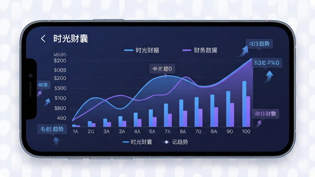 手机屏幕展示“时光财囊”的数据报表页面,主体为一部手机横屏放置,布局上屏幕占据画面主要区域,内部显示折线图与柱状图组合的财务数据图表,周围点缀数据标签与趋势箭头,排版层次分明,风格为现代数据可视化风格,细节包括蓝紫色图表配色、清晰的数据刻度、简洁的图例说明,画质高清、干净、无多余元素