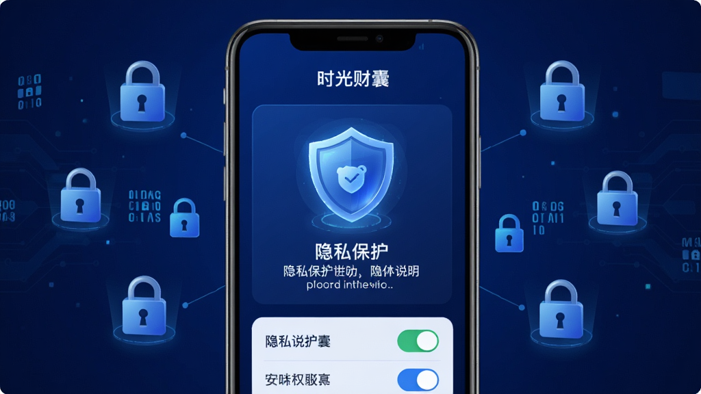 画面主体为“时光财囊”应用的安全设置界面,布局采用居中卡片式构图,手机屏幕中显示盾牌图标与隐私保护说明文字,周围环绕锁形图标与数据加密符号,排版简洁明了,风格为安全科技风,细节包括深蓝色背景、发光盾牌图标、权限开关列表,画质高清、干净、无多余元素