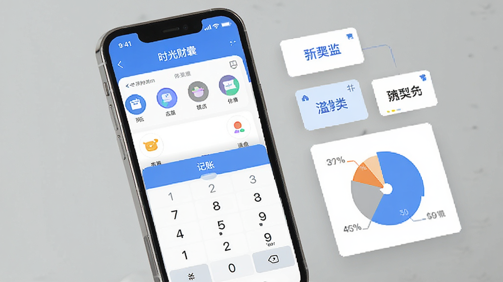 手机屏幕中展示“时光财囊”应用的记账录入界面,主体为一部正面朝向观众的智能手机,布局上屏幕位于画面中央略偏左,右侧留白处漂浮着分类标签卡片与统计饼图,排版清晰有序,风格为清新扁平化设计,细节包括蓝色主色调界面、圆形分类图标、数字键盘弹窗,画质高清、干净、无多余元素