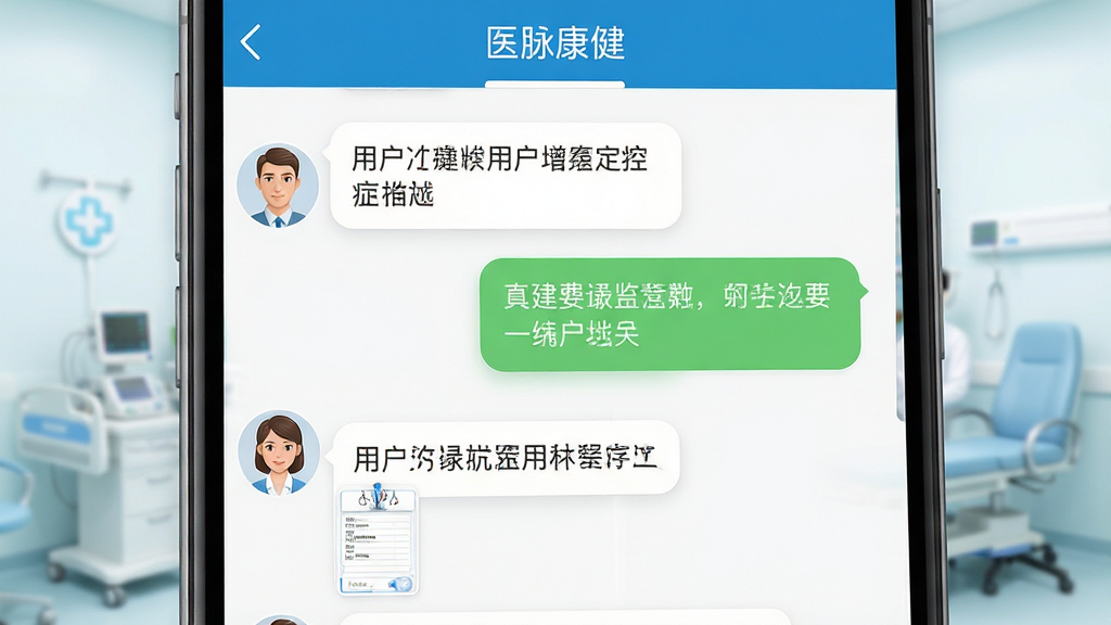 画面主体为手机聊天界面特写,左侧显示用户发送的症状描述与检查单缩略图,右侧为医生回复的绿色气泡消息;界面顶部显示