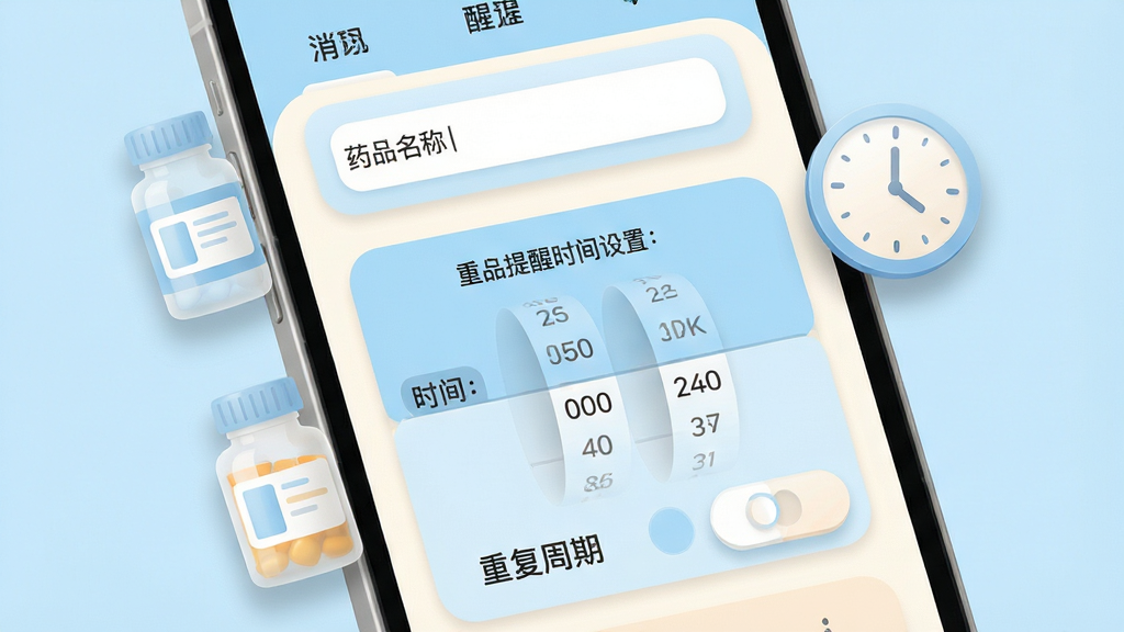 画面主体为手机屏幕显示用药提醒设置页面,包含药品名称输入框、时间选择滚轮与重复周期选项;屏幕前方漂浮几个半透明的药瓶与时钟图标;布局为纵向卡片式排列,重点突出提醒时间设置区域;风格为柔和圆角扁平风,配色以浅蓝与暖白为主;细节上图标带有轻微投影、文字排版整齐;画质高清、画面干净、无多余元素