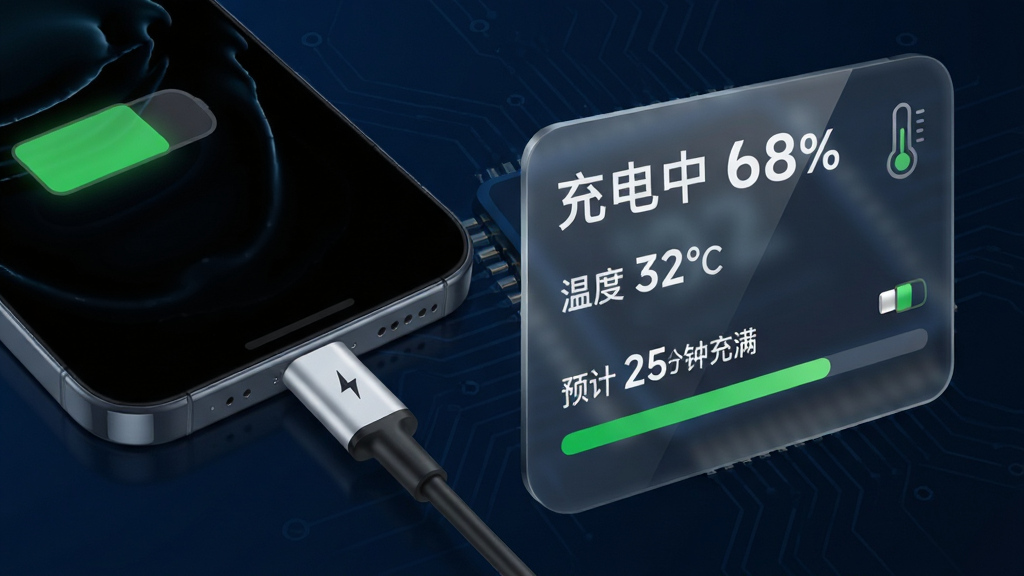 画面左侧为一部正在充电的手机,右侧为悬浮的数据面板,面板上用大字标注“充电中 68%”“温度 32℃”“预计 25 分钟充满”等信息;数据面板采用半透明玻璃质感卡片设计;背景为深色科技蓝,带细微电路纹理;风格为现代UI信息图;细节包括充电线连接手机底部的特写、面板上的绿色进度条与温度计图标;画质高清,构图干净,无杂乱元素