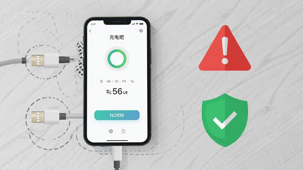 画面为一部手机平放在桌面上充电,屏幕显示充电吧应用界面,旁边放置一个红色警示图标与绿色盾牌图标形成对比;布局为手机居中偏左,警示图标与盾牌图标分列右侧上下;风格为扁平化信息图;细节包括手机散热口位置用虚线标注、充电线接口特写、界面上的温度数值正常显示;背景为浅灰色桌面纹理;画质清晰,无多余装饰