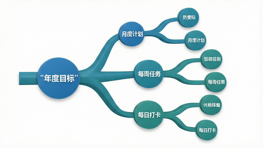 主体为一个立体的树状结构图,主干标注引号文字“年度目标”,分支延伸出“月度计划”“每周任务”“每日打卡”等节点;布局为树形从左向右展开;排版规整;风格为简约商务信息图;细节上节点使用圆形卡片承载,配色以蓝绿为主;画质高清,背景纯白,无多余元素