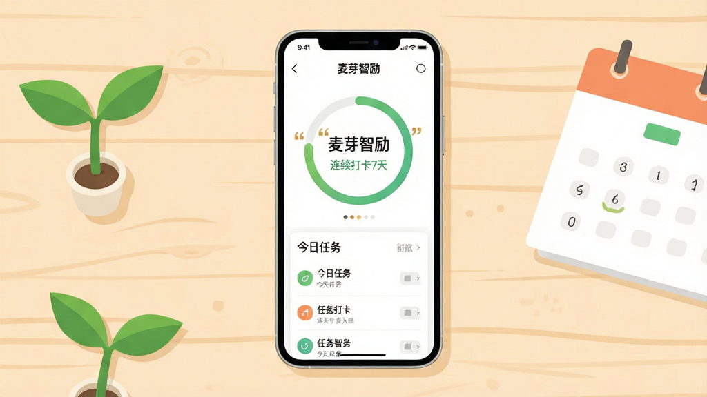 主体为一部竖屏智能手机居中放置在浅色木质桌面,屏幕内展示麦芽智励应用的主界面,包含圆形进度环与任务打卡列表;布局采用中心构图,手机两侧点缀绿色嫩芽与日历卡片元素;排版简洁留白充足;风格为清新扁平化插画;细节上屏幕内文字使用引号标注“麦芽智励”“今日任务”“连续打卡7天”;画质高清,画面干净,无多余元素