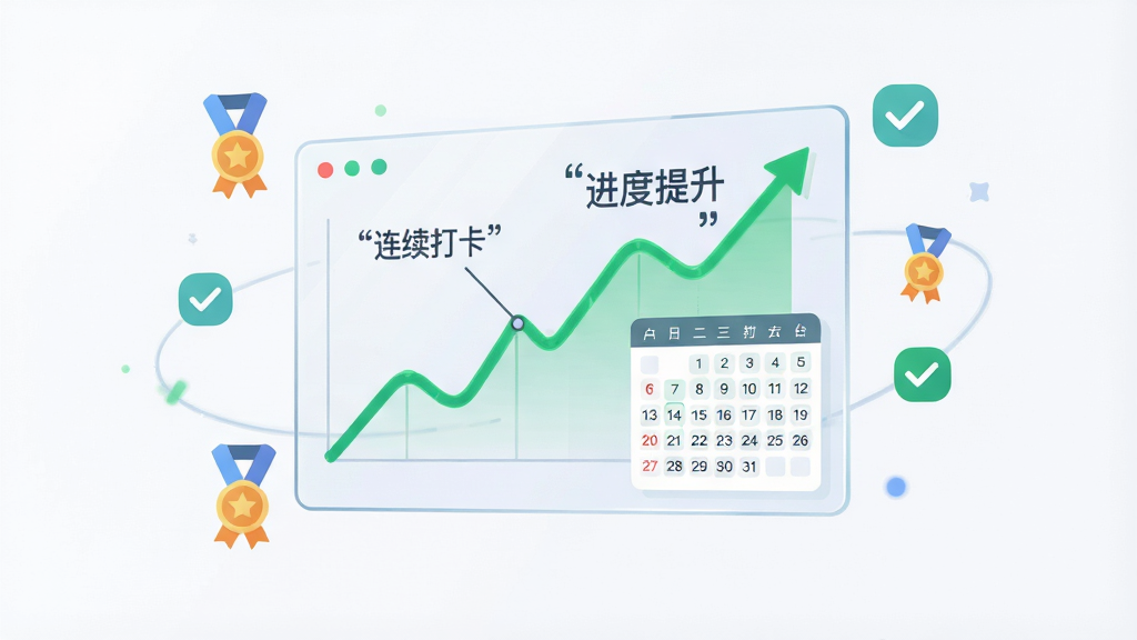 主体为一块悬浮的透明数据面板,面板上绘制上升的绿色折线图与打卡日历网格;布局为面板居中,四周环绕小型的奖章与对勾图标;排版层次分明;风格为现代科技感扁平插画;细节上折线图旁标注引号文字“连续打卡”“进度提升”;画质清晰,背景干净,无多余装饰