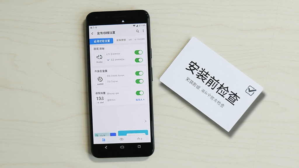 画面主体为一部安卓手机屏幕显示应用权限设置页面,旁边放置一张写有“安装前检查”字样的提示卡片,布局为手机居中卡片斜放的俯拍构图,风格为简洁说明风,细节包含权限开关图标、卡片阴影与浅色桌面背景,画质清晰干净,无多余装饰