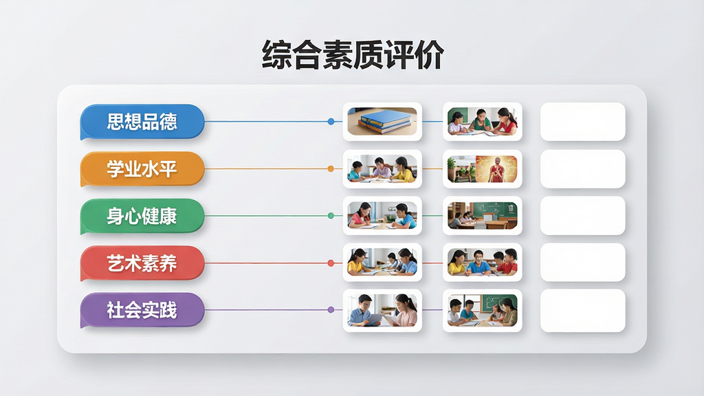 画面主体为一块横向展开的成长档案信息图,左侧为五个彩色维度标签“思想品德”“学业水平”“身心健康”“艺术素养”“社会实践”,右侧为对应的时间线卡片与图片缩略图;布局为左右分栏,信息图悬浮于浅灰背景之上;排版整齐,标题文字“综合素质评价”置于顶部居中;风格为商务信息图表风;细节包含细线连接、圆角卡片、柔和阴影;画质清晰,干净,无多余元素