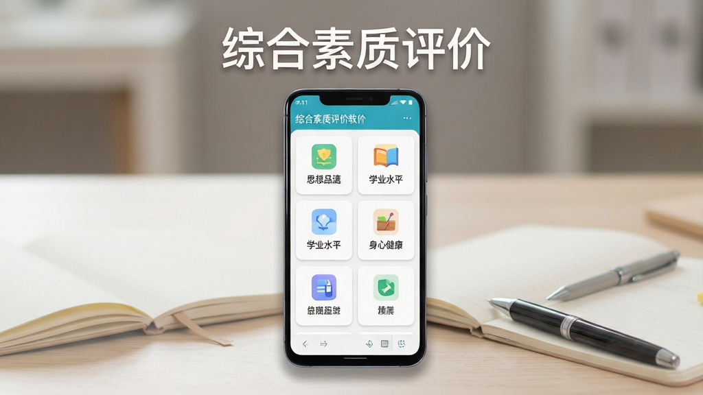 画面主体为一台竖屏安卓手机,屏幕中央展示综合素质评价软件首页卡片式任务流界面,包含思想品德、学业水平、身心健康等模块图标;手机置于浅木色桌面,旁边摆放一本翻开的笔记本与一支笔;布局采用居中构图,手机占画面主体,背景虚化;排版简洁,上方留白放置柔和标题文字“综合素质评价”;风格为清爽扁平化数码产品展示风;细节包含屏幕高光、轻微投影、图标圆角处理;画质清晰,干净,无多余元素