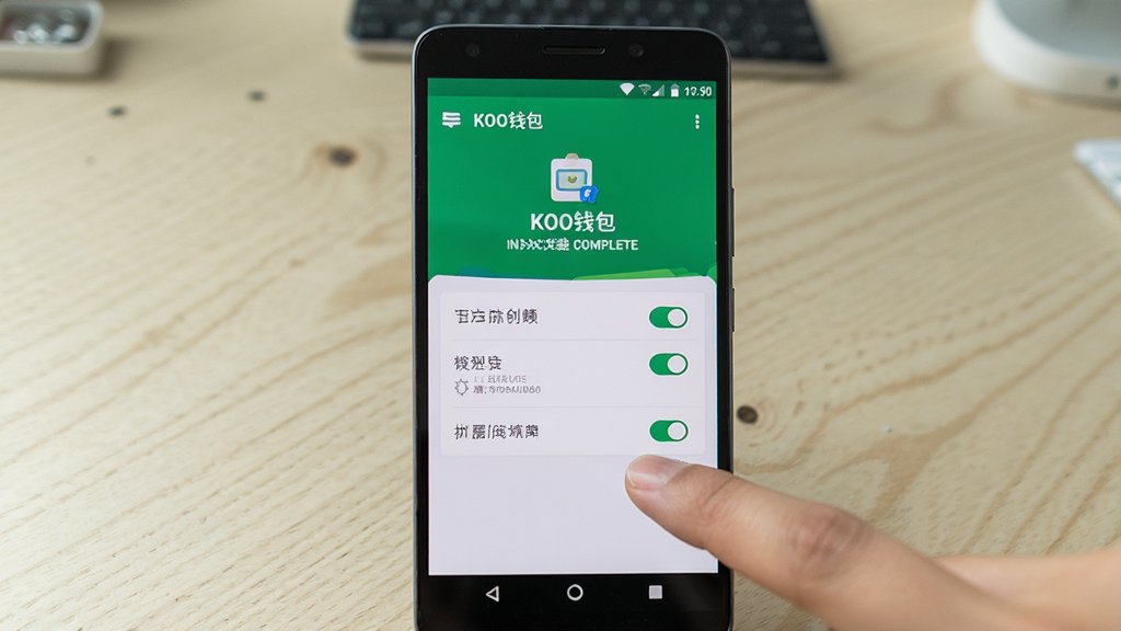 画面主体为一部安卓手机屏幕特写,显示“KOO钱包”应用安装完成后的权限设置界面,界面中有若干权限开关选项,旁边有一只手指正在点击屏幕。布局为手机居中,背景为浅色桌面环境。风格为写实操作演示风,光线自然,细节清晰,画质细腻,背景简洁无干扰元素。
