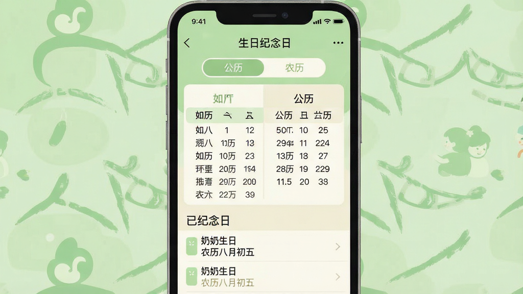 һ��չʾ�ֻ�Ӧ��˫�����л����ܵĽ���廭��������һ���ֻ���Ļ��ʾ�����ռ����ա�Ӧ�ã���Ļ�Ϸ��С��������͡�ũ���������л���ǩ���м���һ������ѡ����壬����г�ũ���·ݺ����ڣ��Ҳ��Ӧ��ʾ�������ڣ��·��������ӵļ������б����������������� ũ�����³��塱����Ŀ������Ϊ�����ֻ����棬�����ˬ��ƽ����ɫ��ǳ�̺��װ�Ϊ����ϸ�ڸɾ�������������������Ԫ��