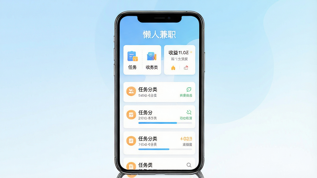 懒人兼职手机应用主界面展示,画面中央是一部竖屏智能手机,屏幕内呈现任务列表与收益卡片布局,顶部为软件名称“懒人兼职”,背景采用浅蓝与白色渐变,风格清爽简约,细节包括任务分类图标和进度条,画质清晰锐利,干净无多余元素