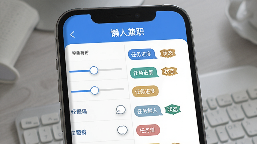 懒人兼职任务筛选与进度追踪界面,手机屏幕左侧为筛选条件面板,右侧显示任务进度状态标签,画面中包含“懒人兼职”软件名称,风格现代简洁,蓝白配色,细节包括筛选滑块和状态徽章,画质高,干净无多余元素
