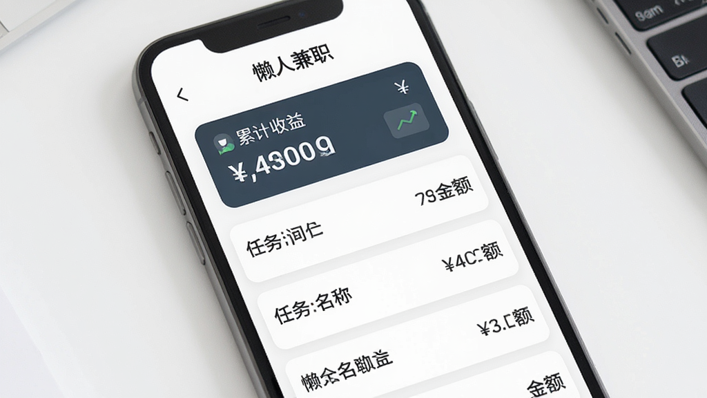 懒人兼职收益记录页面展示,手机屏幕呈现纵向列表形式的收益明细,顶部有“懒人兼职”标题和累计收益汇总卡片,下方每条记录包含任务名称与金额,界面风格简洁商务,浅色背景配深色文字,画质清晰,排版规整