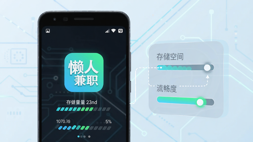 懒人兼职轻量运行概念图,画面展示一部安卓手机与存储空间示意图,手机屏幕内显示“懒人兼职”应用图标和运行状态,背景为科技感浅色线条,风格简约清新,细节包括存储容量标识和流畅度指示条,画质清晰,无冗余元素