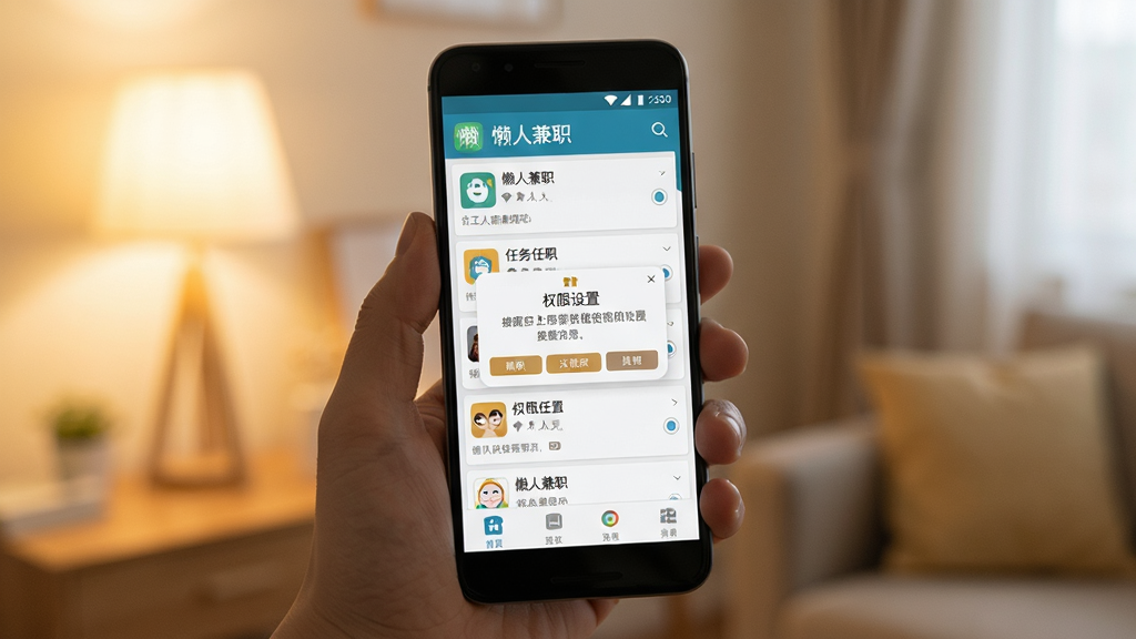 懒人兼职新手使用场景示意图,画面展示一只手握持安卓手机,屏幕内呈现“懒人兼职”任务列表和权限设置提示框,背景为室内柔和光线,风格写实简洁,细节包括手机边框和应用界面元素,画质清晰,干净无多余装饰
