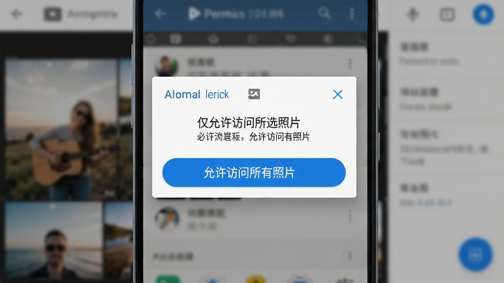 一张手机屏幕显示安卓系统权限设置页面,页面中有一个相册权限弹窗,选项包括