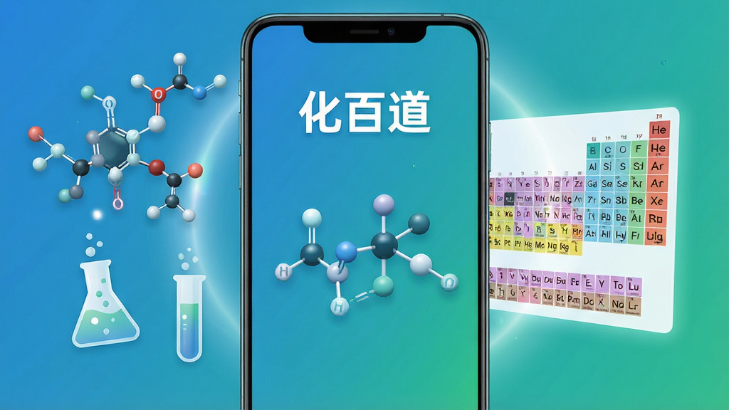 主体为一部竖屏安卓手机,屏幕中央展示“化百道”软件主界面,左侧漂浮化学分子结构模型与烧杯试管图标,右侧悬浮元素周期表片段,布局采用中心对称构图,排版上软件名称置于画面顶部居中,风格为清爽科技教育风,细节包括蓝绿色渐变背景、柔和光效、分子键线条清晰,画质高清,干净,无多余元素