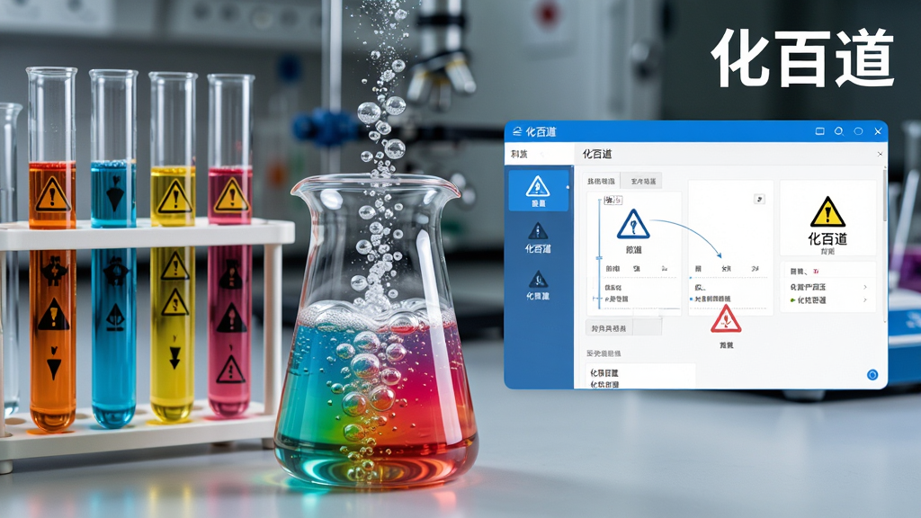 主体为实验室场景中的试管与烧杯,液体变色并产生气泡,旁边悬浮“化百道”软件界面截图,布局为实验器材居左、界面居右,排版上软件名称置于画面右上角,风格为写实科普风,细节包括液体渐变色泽、气泡颗粒感、安全标识图标,画质高清,干净,无多余元素