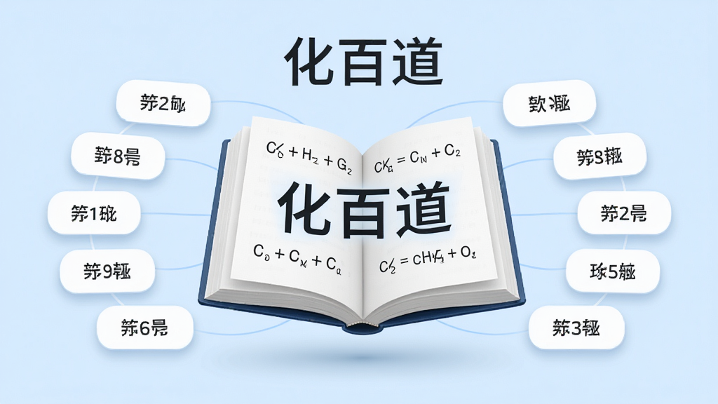 主体为一本悬浮打开的电子书,书页上浮现“化百道”字样与化学方程式,周围环绕分类标签卡片,布局为书本居中、卡片呈环形扩散,排版上软件名称位于书本上方,风格为简约学术风,细节包括浅蓝底色、卡片圆角、方程式线条清晰,画质高清,干净,无多余元素
