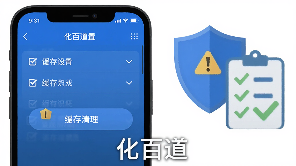 主体为一部手机屏幕显示“化百道”设置界面与缓存清理按钮,旁边放置盾牌图标与勾选清单,布局为手机居左、图标居右,排版上软件名称位于画面底部,风格为扁平化提示风,细节包括蓝色主色调、清单条目清晰、警示图标醒目,画质高清,干净,无多余元素