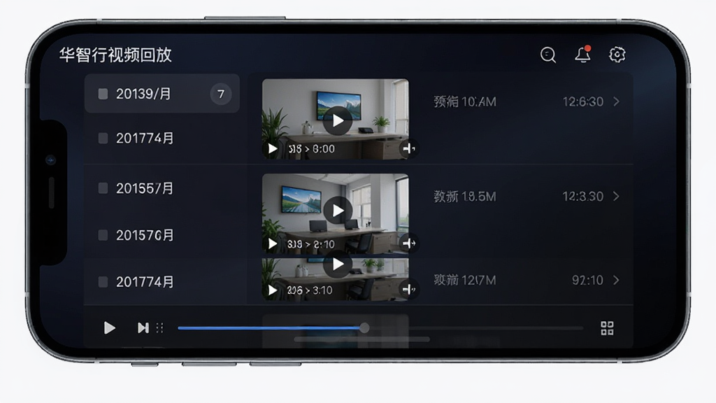 画面主体为华智行视频回放界面,屏幕中显示按日期排列的视频文件列表与播放进度条;布局为手机正面展示,背景为深色渐变;排版左侧为日期分组,右侧为缩略图与时长;风格为深色科技UI风;细节包含文件缩略图、播放按钮、时间标签;画质高清,干净,无多余元素