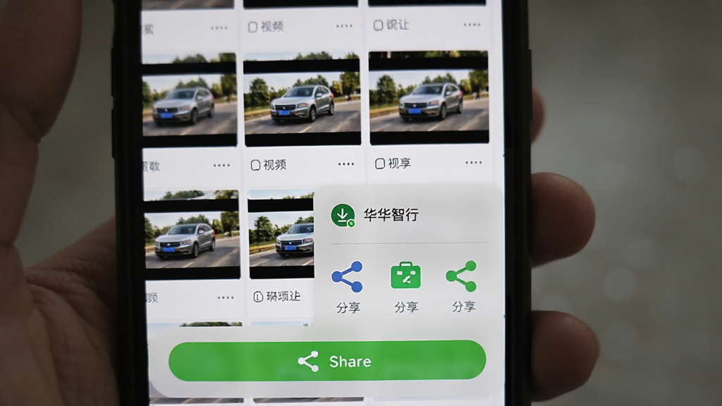 画面主体为手机相册中华智行下载的视频文件缩略图与分享菜单;布局为手机屏幕特写,背景虚化;排版呈现文件网格与底部分享按钮;风格为日常手机操作写实风;细节包含缩略图画面、下载完成提示、分享图标;画质高清,干净,无多余元素
