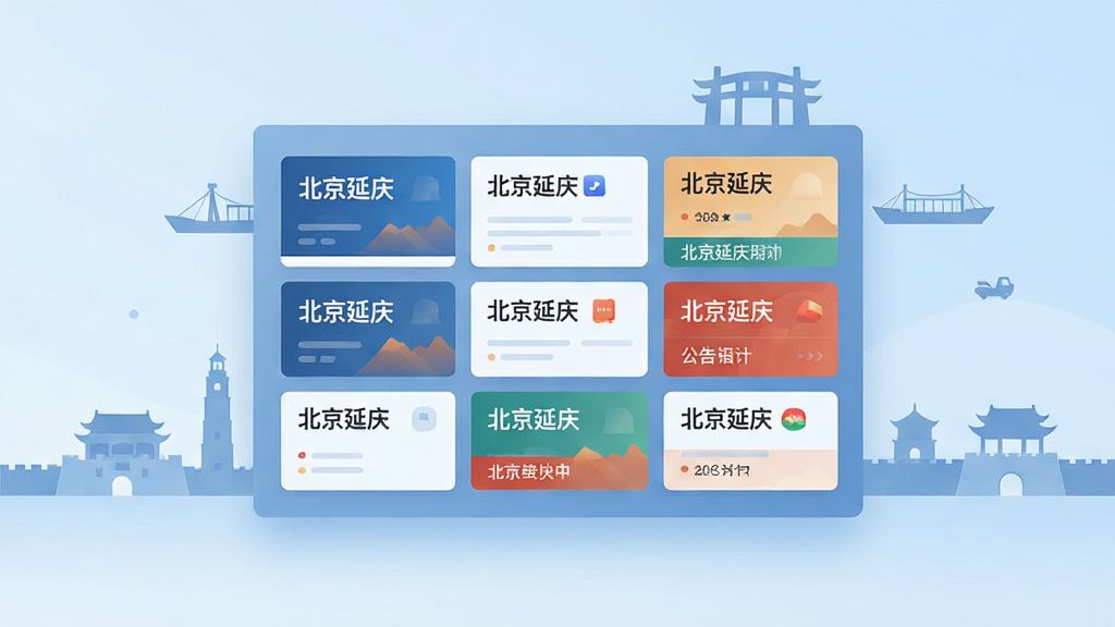 画面主体为一块悬浮的信息面板,面板上排列着“北京延庆”字样的新闻卡片与公告条目,卡片以网格形式整齐布局;背景为淡蓝色渐变,点缀简约的延庆地标剪影;风格为现代扁平化信息图,细节清晰,画质干净,无多余装饰元素