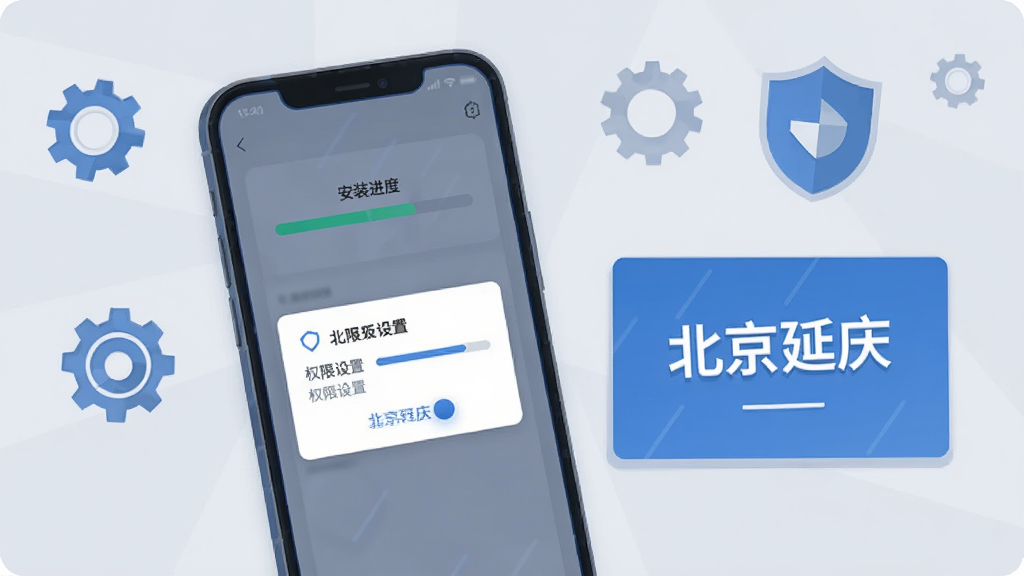 画面主体为一部手机屏幕显示安装进度条与权限设置弹窗,旁边放置一张写有“北京延庆”字样的提示卡片;背景为浅灰色桌面,点缀简单的齿轮与盾牌图标象征设置与安全;风格为简洁科技插画,配色以蓝灰为主,细节清晰,画质干净
