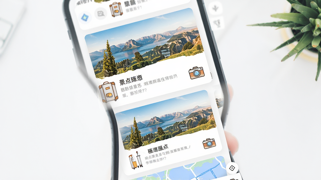 旅游出行APP界面展示,屏幕中呈现景点卡片列表和路线地图,卡片包含风景缩略图与文字介绍,旁边点缀行李箱和相机小图标,排版为竖向滚动列表样式,风格清新明亮,细节丰富,画质清晰,背景干净