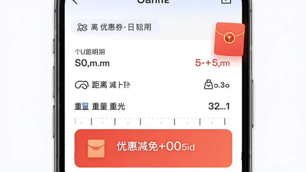 UU跑腿优惠券与计价界面示意图,主体为手机屏幕内清晰的价格明细列表与红包图标,布局为上下结构展示费用构成,排版突出优惠减免金额,风格为清新简约风,细节包含距离刻度与重量图标,画质干净整洁