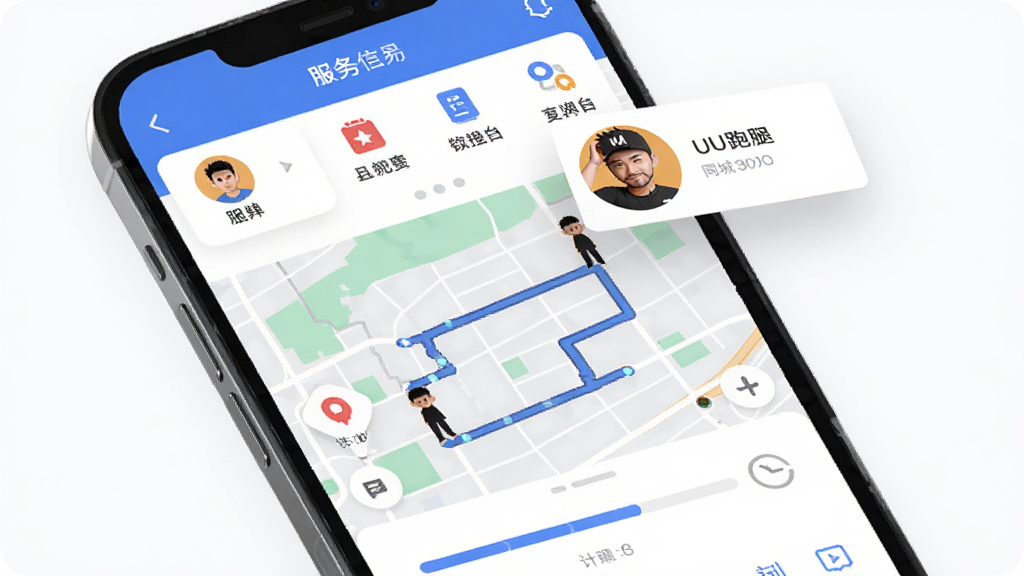 UU跑腿应用主界面展示,主体为手机屏幕内清晰的同城配送订单页面,布局为顶部服务分类图标与中部地图轨迹,排版简洁直观,风格为现代扁平化科技风,细节包含跑男头像浮动卡片与计时进度条,画质高清干净无多余元素