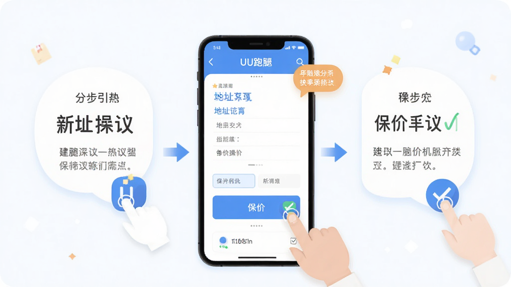 UU跑腿新手操作指引插画,主体为手机屏幕展示地址填写与保价选项勾选界面,布局为分步引导式排版,风格为扁平化教学风,细节包含手指点击图标与提示气泡,画质干净明亮