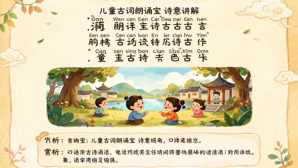 ��ͯ��ʫ�����б�ʫ�⽲����棬����չʾһ�׹�ʫ������ҳ���Ϸ�Ϊ��ʫԭ����ƴ����ע���м�Ϊ��ɫ�廭���ʫ�г������·�Ϊ�׻��������������֣�����Ϊ���½ṹ����ҳչʾ�����Ϊ��ů�ֻ�廭�磬ϸ�ڰ�����ʫ���֡��廭�����İ�飬���������ɾ����޶���Ԫ��