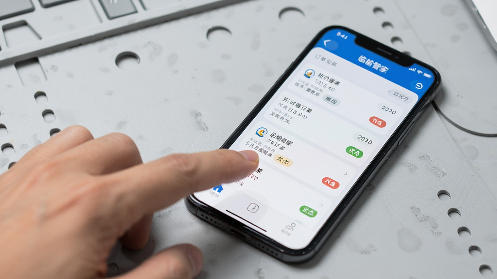 一部手机显示临榆管家的订单列表页面,画面中有多条订单卡片与状态标签,手机旁边有一只手正在点击屏幕,背景为浅灰色工作台,风格为写实生活风,布局为手机居中偏右,细节包括手指动作、屏幕界面元素与桌面纹理,画质清晰干净,无多余元素