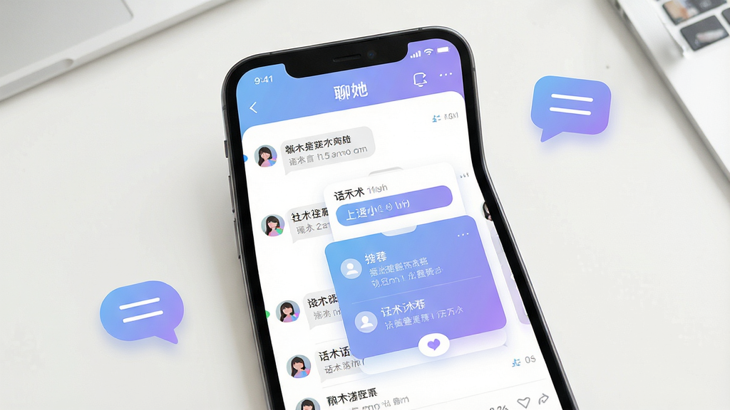 一张展示社交聊天应用界面的手机屏幕效果图,画面中央是一部竖屏智能手机,屏幕上显示聊她应用的聊天对话列表与话术推荐卡片,界面采用柔和的蓝紫渐变配色,背景为简洁的浅色桌面环境,四周点缀少量对话气泡图标,整体风格清新现代,排版干净规整,细节清晰,画质高清,无多余元素
