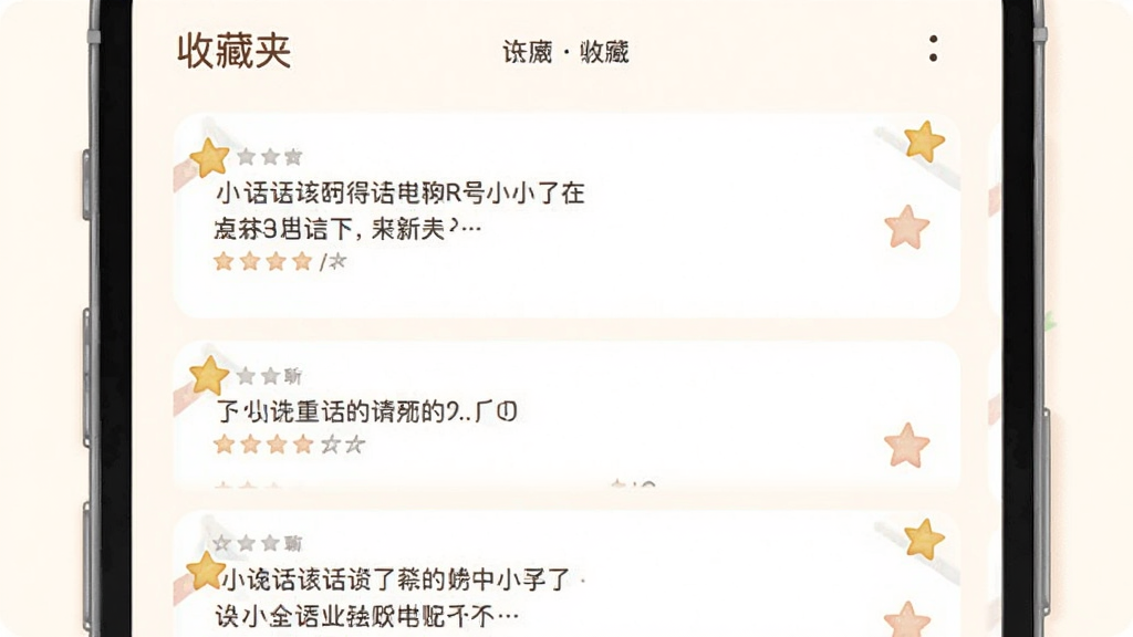 手机应用界面截图风格插画,画面展示聊她应用的收藏夹页面,几条话术卡片整齐排列,卡片带有星标图标,背景为淡雅的米白色调,整体排版简约,风格温和,细节清楚,画质高清,无多余装饰
