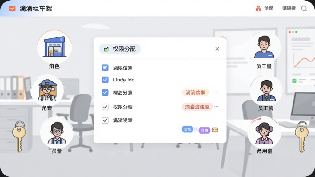 ����չʾ�ε��⳵�̼Ҷ˵��ŵ�Эͬ�������棬����ΪȨ�޷�����壬��Χ�����ŵ�ͼ�ꡢԱ��ͷ����Կ�׷��ţ�����Ϊǳ��ɫ�칫���������Ϊ��Լ����廭��ϸ�ڰ���Ȩ�޹�ѡ�����ɫ��ǩ�������������࣬�޶���Ԫ��