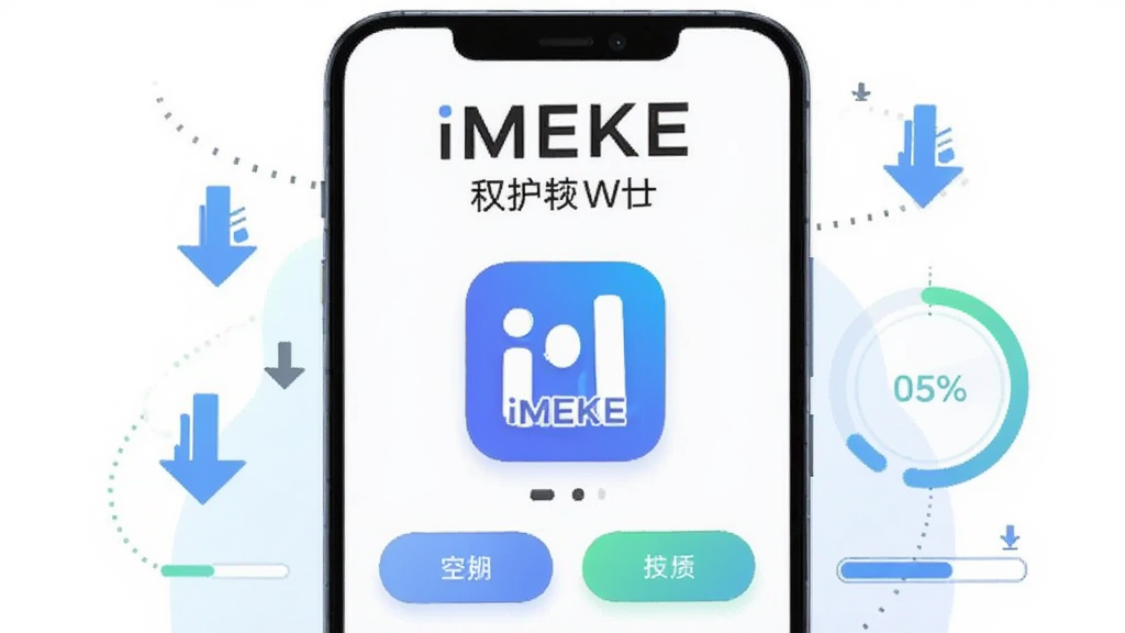 画面主体为一部竖屏安卓手机,手机屏幕中央显示iMEKE软件的主界面图标与简洁的功能布局,手机周围环绕着下载箭头与安装进度条元素,布局采用居中构图手机占屏幕三分之二,排版上方留白放置软件名称文字,风格为扁平化科技插画风,细节包括界面按钮圆角设计、浅色背景渐变、安装进度环动画效果,画质清晰明亮干净无多余元素