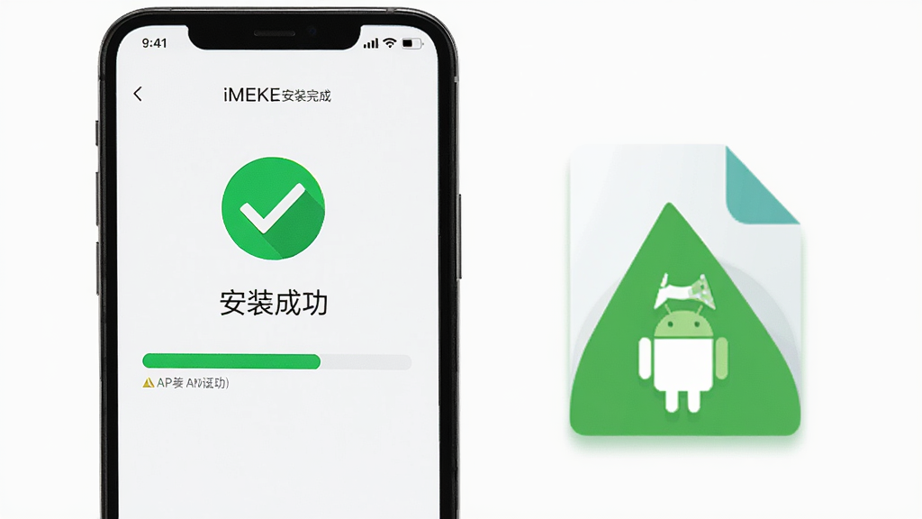 一部手机屏幕显示iMEKE安装完成界面,画面中有绿色对勾图标与“安装成功”文字,手机旁边放置一个下载完成的APK文件图标,布局为左右结构左侧手机右侧文件图标,风格为简洁UI展示风,细节包括进度条满格、文件图标带安卓机器人标志,画质高清干净背景纯色无多余元素