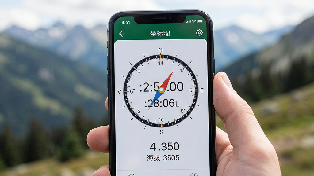 手机屏幕显示指南针罗盘应用的坐标记录页面,界面上有经纬度数字与海拔信息,背景为户外山野环境虚化处理,手机被一只手握持,布局为手机屏幕特写,风格为户外记录风,细节上突出数字的清晰与界面的简洁,画质高清,画面干净,无多余元素
