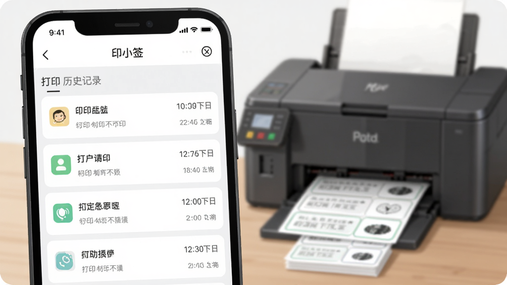 画面主体是“印小签”应用内的打印历史记录列表界面,屏幕上显示多条打印任务及时间戳,旁边有一台打印机正在连续输出标签;布局为手机在前景、打印机在背景虚化;排版突出列表的条理感;风格为简洁的办公场景插画,细节包含任务状态图标和纸张堆叠;画质清晰,干净,无多余元素。