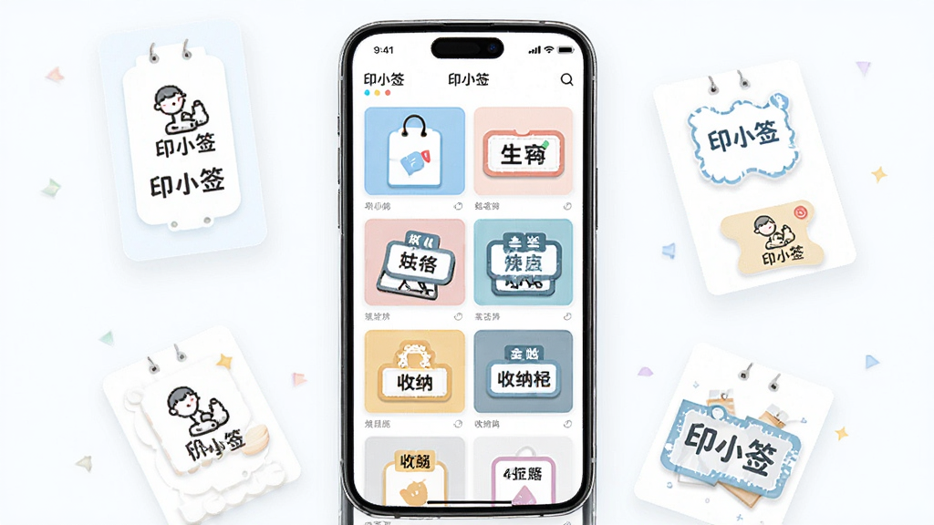 画面主体是“印小签”应用内的模板选择界面,屏幕上以网格形式排列着多种标签模板缩略图,包含价签、姓名贴、收纳标签等样式;布局为手机居中展示,四周有少量模板卡片漂浮作为点缀;排版整齐,网格清晰;风格为清新明亮的UI展示风,细节包含模板上的文字和图标;画质高清,干净,无多余元素。
