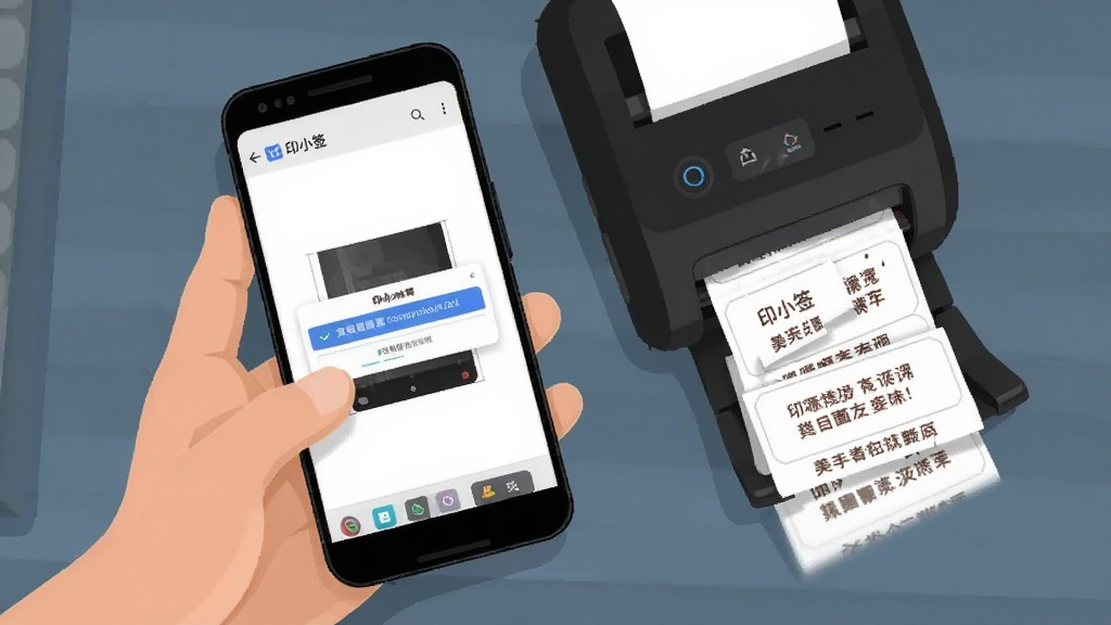 画面主体是一部安卓手机显示“印小签”打印预览界面,旁边放着一台标签打印机和几张打印失败的错位标签纸,画面中有一只手正拿着手机调整设置;布局为桌面俯拍视角,手机与打印机呈斜线排列;排版突出预览界面的内容;风格为生活化场景插画,细节包含标签纸上的错位文字和手机屏幕的提示弹窗;画质清晰,干净,无多余元素。